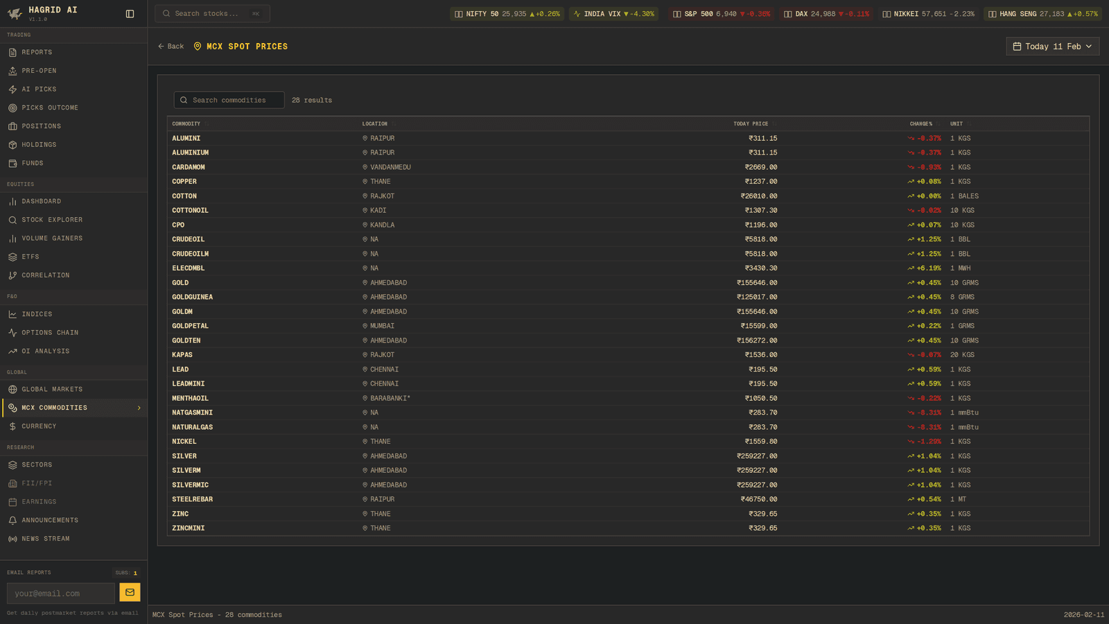 Hagrid AI — MCX Spot Prices